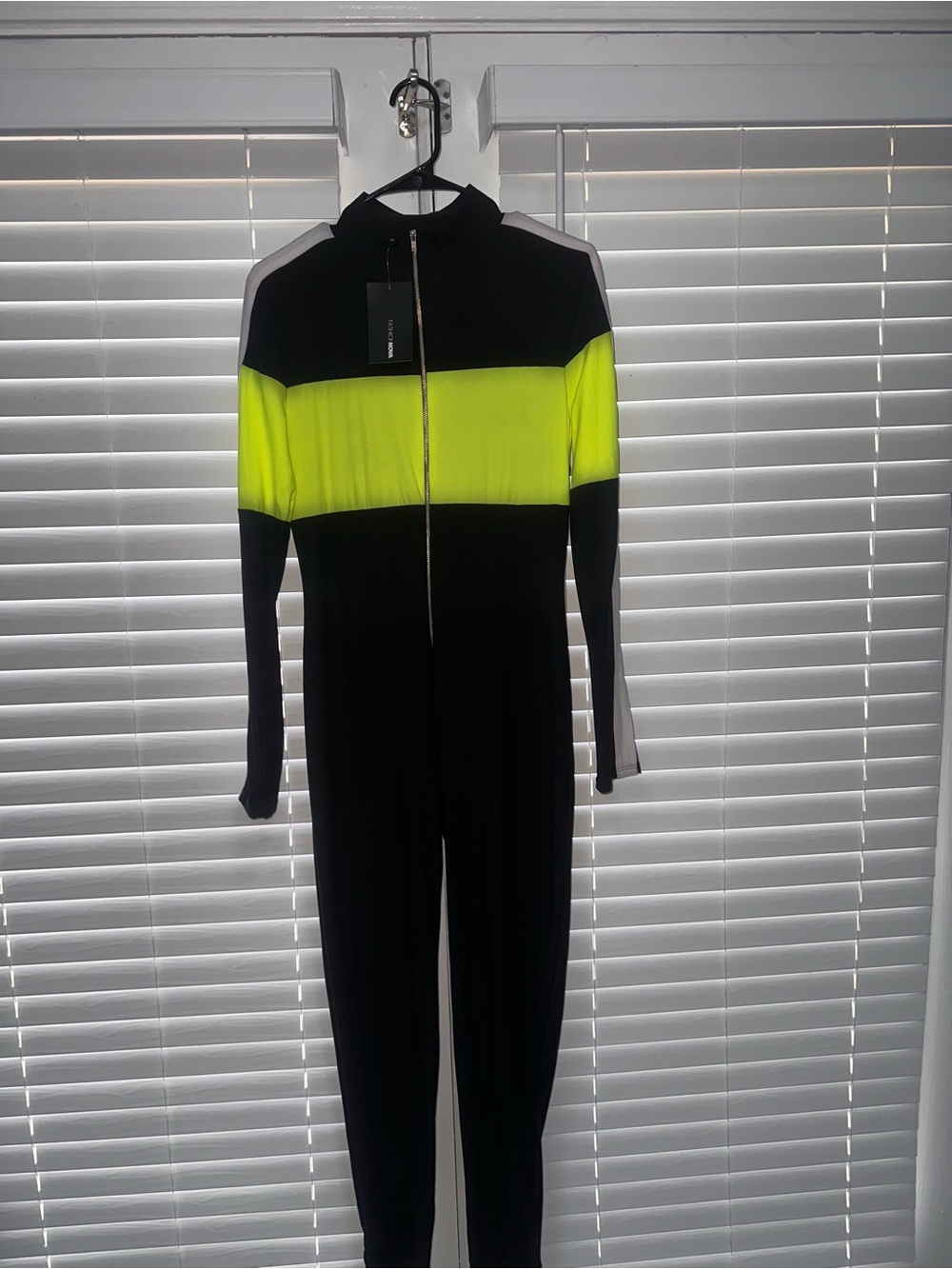 Fashion Nova Black & Neon Yellow Zip-Front Jumpsuit